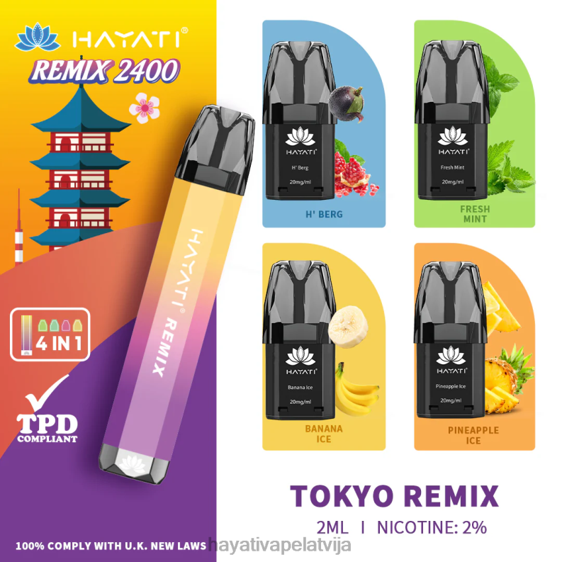 Hayati Vapes Wholesale | Hayati Remix uzpildīta pod sistēma 2400 uzpūtienu Tokijas remikss XL00858