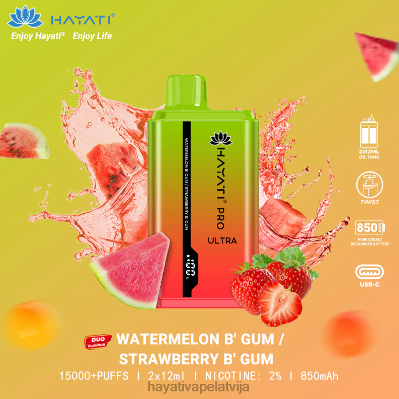 Hayati Flavour List | Hayati Pro Ultra vienreizējās lietošanas 15000 uzpūtienu arbūzu burbulis/zemeņu burbulis XL008227