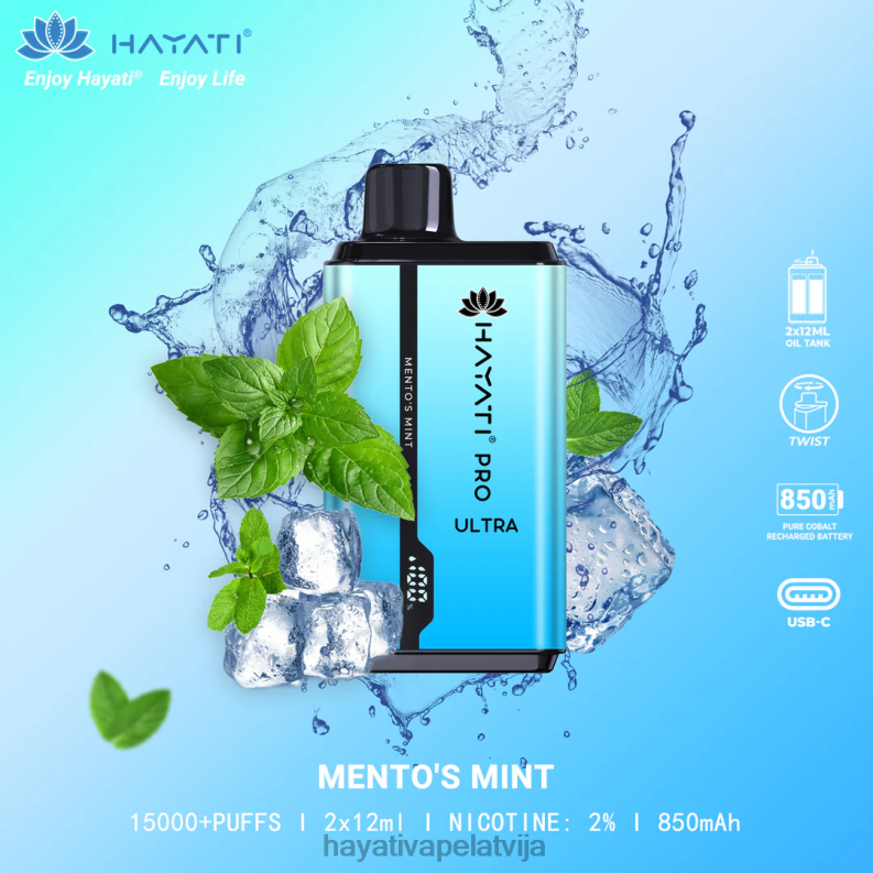 Hayati Flavours Latvija | Hayati Pro Ultra vienreizējās lietošanas 15000 uzpūtienu mento piparmētra XL008206