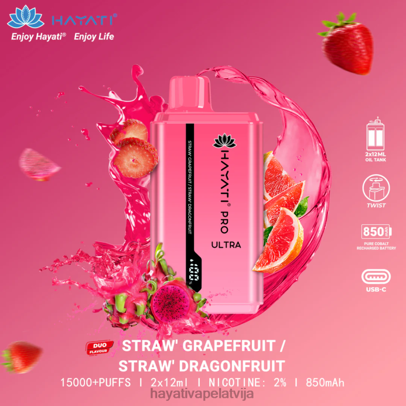 Hayati Flavours Latvija | Hayati Pro Ultra vienreizējās lietošanas 15000 uzpūtienu zemeņu greipfrūts/zemeņu pūķis XL008226
